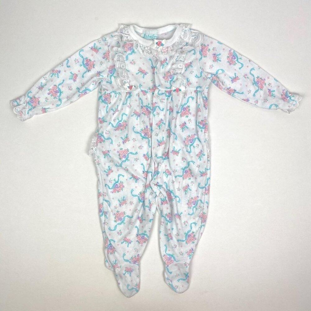 Vintage White Footed One-Piece with Pink and Teal Floral Print
